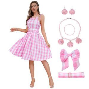 DANGCOS 50s Pink Plaid Dress For Women Costumes 1950s Vintage Halloween Cosplay